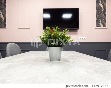 An artificial decorative plant centers a gray stone desk in a stylish meeting room, symbolizing organized corporate workspace environment and professional interior design for business An artificial decorative plant centers a gray stone desk in a stylish meeting room, symbolizing organized corporate workspace environment and professional interior design for business 142912166