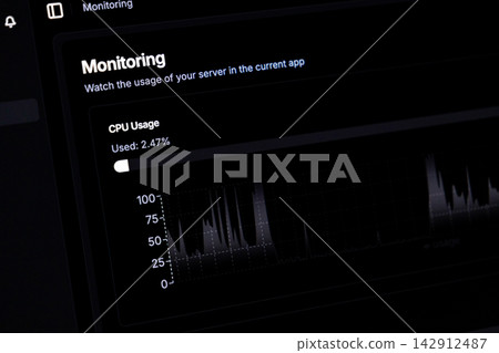 CPU usage monitoring dashboard on a dark digital interface showing live server performance metrics, representing cloud computing analytics and efficient infrastructure system management CPU usage monitoring dashboard on a dark digital interface showing live server performance metrics, representing cloud computing analytics and efficient infrastructure system management 142912487