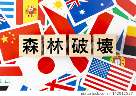 Blocks with the word "deforestation" written on them and various national flags. Blocks with the word "deforestation" written on them and various national flags. 142912537