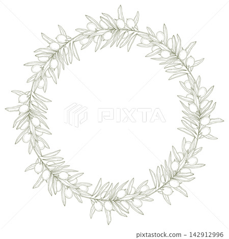 Wreath of hand drawn olive branches and fruits, Mediterranean botanical circle frame in sketch style. Isolated Vector illustration Menu, label, packaging design, invites , branding or print materials Wreath of hand drawn olive branches and fruits, Mediterranean botanical circle frame in sketch style. Isolated Vector illustration Menu, label, packaging design, invites , branding or print materials 142912996