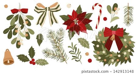 Hand-drawn Christmas evergreen plants and flowers, holly berry, mistletoe, red poinsettia, pine tree branch and candy cane and bow Hand-drawn Christmas evergreen plants and flowers, holly berry, mistletoe, red poinsettia, pine tree branch and candy cane and bow 142913148