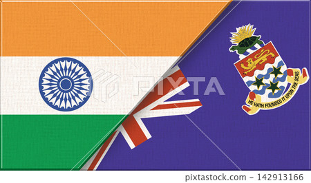 Double flag of India and Cayman Islands on fabric texture - 3D illustration Double flag of India and Cayman Islands on fabric texture - 3D illustration 142913166