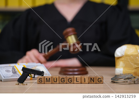 Courtroom scene highlighting the seriousness of smuggling cases with symbols of crime and justice Courtroom scene highlighting the seriousness of smuggling cases with symbols of crime and justice 142913259