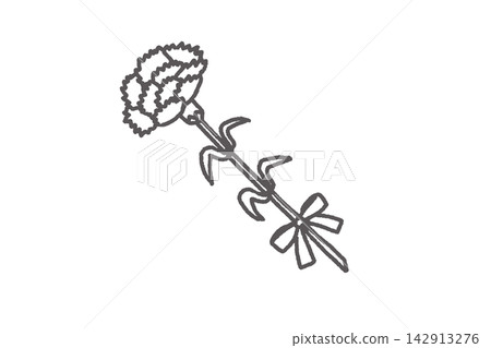 White and gray line drawing illustration of a single carnation, Mother's Day. 142913276