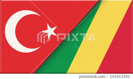 Double flag of Turkey and Republic of the Congo on fabric texture - 3D illustration Double flag of Turkey and Republic of the Congo on fabric texture - 3D illustration 142913302
