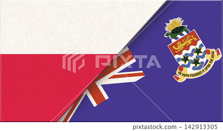 Double flag of Poland and Cayman Islands on fabric texture - 3D illustration Double flag of Poland and Cayman Islands on fabric texture - 3D illustration 142913305