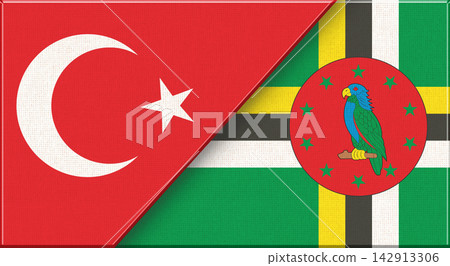 Double flag of Turkey and Dominica on fabric texture - 3D illustration Double flag of Turkey and Dominica on fabric texture - 3D illustration 142913306