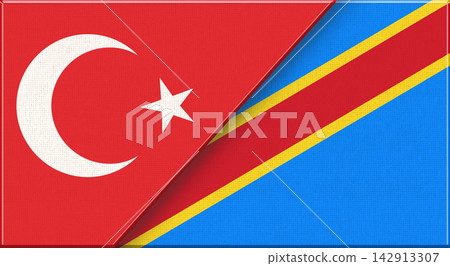 Double flag of Turkey and DR Congo on fabric texture - 3D illustration Double flag of Turkey and DR Congo on fabric texture - 3D illustration 142913307