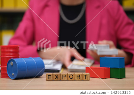 Businesswoman engaged in export planning with colorful blocks and documents on a desk Businesswoman engaged in export planning with colorful blocks and documents on a desk 142913335