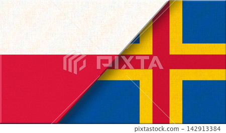 Double flag of Poland and Aland Islands on fabric texture - 3D illustration Double flag of Poland and Aland Islands on fabric texture - 3D illustration 142913384