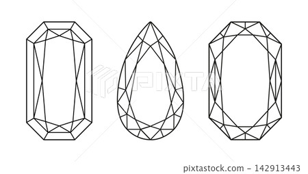 Diamond Radiant, Pear, Phoenix Radiant cut simple shapes. Set of Brilliant Phoenix Radiant, Pear, Radiant cut flat patterns. Gemstone outline icons for jewellery design, branding, packaging, logos. 142913443