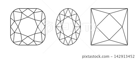 Diamond Angular Cushion, Princess, Oval cut shapes. Design diagram. Set of Brilliant Oval, Princess, Angular Cushion cuts patterns. Precious gemstone outline icons for jewellery design, branding, logo 142913452