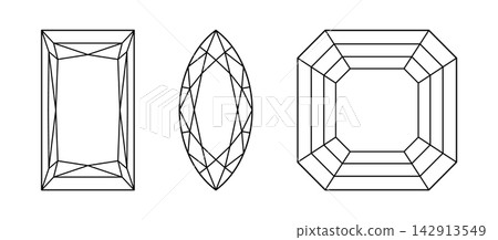Princess, Asscher, Marquise diamond cut shapes. Set of Gemstone outline icons for jewellery design, branding, packaging, logos. Asscher, Marquis, Princess brilliant cut patterns. Princess, Asscher, Marquise diamond cut shapes. Set of Gemstone outline icons for jewellery design, branding, packaging, logos. Asscher, Marquis, Princess brilliant cut patterns. 142913549
