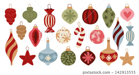 Hand-drawn vintage Christmas tree ornaments and baubles of candy cane, star, pinecone shape for winter seasonal decor or packaging 142913555