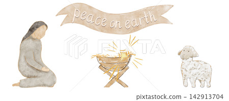 Watercolor nativity scene with Mary kneeling beside a manger, white lamb, framed by a warm cloud-white banner reading Peace on earth, star, perfect for Christmas cards, devotionals, and seasonal decor Watercolor nativity scene with Mary kneeling beside a manger, white lamb, framed by a warm cloud-white banner reading Peace on earth, star, perfect for Christmas cards, devotionals, and seasonal decor 142913704
