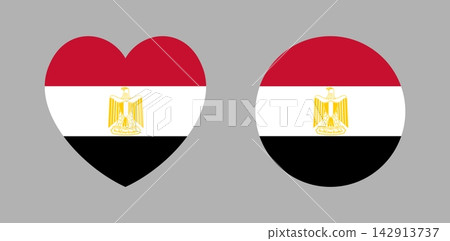 Set of Egypt flag heart, circle sticker, icon, background. National flag of Egypt round, heart badge, button. Egyptian flag in heart, circular shapes. 142913737