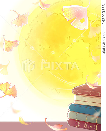 桌上的一本西式書；一棵銀杏樹；月亮。 142913888