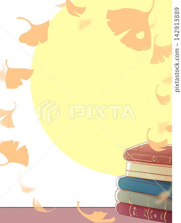 桌上有一本西式書;銀杏葉;月亮;剪影。 桌上有一本西式書;銀杏葉;月亮;剪影。 142913889