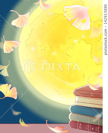 Western-style books on a desk, ginkgo leaves, moon, night sky Western-style books on a desk, ginkgo leaves, moon, night sky 142913890