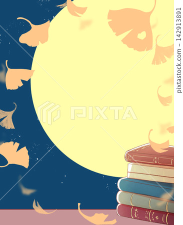 桌上的一本西式書；銀杏樹；月亮；剪影；夜空。 142913891