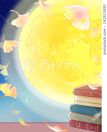 桌上的西式書、銀杏葉、月亮、夜空 桌上的西式書、銀杏葉、月亮、夜空 142913893