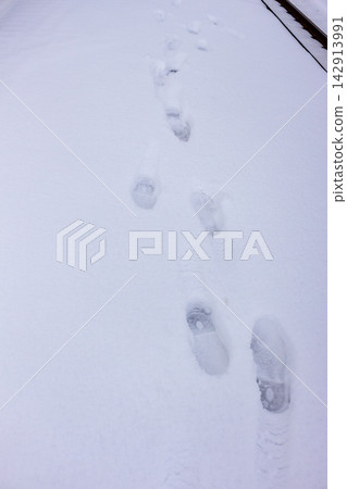Footprints and tracks remaining on a snow-covered station platform on a day of severe cold wave, high angle. Footprints and tracks remaining on a snow-covered station platform on a day of severe cold wave, high angle. 142913991