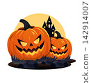 Halloween pumpkins with haunted house and full moon illustration 142914007
