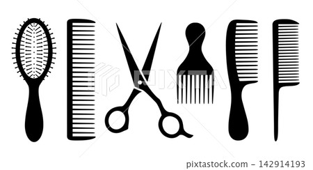 Hairdresser tools, scissors and comb, hair salon brush icons set Hairdresser tools, scissors and comb, hair salon brush icons set 142914193