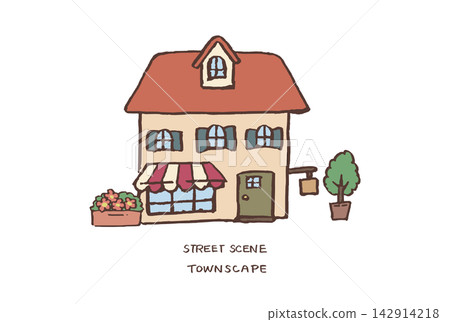 Illustration of a cute town shop with a red roof | Shop, house, flower bed, awning, streetscape Illustration of a cute town shop with a red roof | Shop, house, flower bed, awning, streetscape 142914218