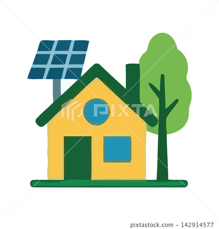 Minimalist flat vector illustration of a house incorporating solar energy technology and renewable power. Minimalist flat vector illustration of a house incorporating solar energy technology and renewable power. 142914577