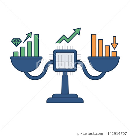 Balance scale comparing investment growth charts and diamond value Balance scale comparing investment growth charts and diamond value 142914707