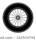Tire wheel with black rubber and gray spokes on white background 142914744
