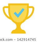Golden winner trophy cup icon with blue checkmark symbol 142914745