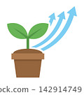 Green plant growing in brown pot with blue arrows rising up 142914749