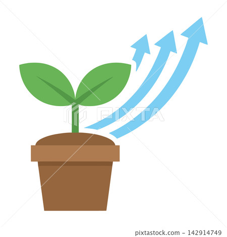Green plant growing in brown pot with blue arrows rising up 142914749