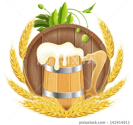 Barrel of Beer and Wooden Mug 142914911