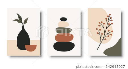 Boho Poster Set, Vector Illustration. Abstract Boho Wall Art Collection with Minimalist Botanical Boho Prints, Vase, Pebble Stack, Branch Shapes for Modern Home Decor,Bedroom, Scandinavian Interior Boho Poster Set, Vector Illustration. Abstract Boho Wall Art Collection with Minimalist Botanical Boho Prints, Vase, Pebble Stack, Branch Shapes for Modern Home Decor,Bedroom, Scandinavian Interior 142915027