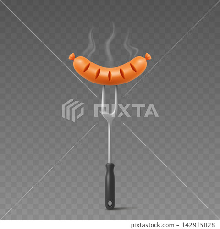 Sausage, 3d Vector Illustration. Grilled Sausage on Barbecue Fork. Realistic Sausage Food Illustration Isolated. BBQ Menu, Cookout, Grill Party, Picnic, Kitchen Design, Fast Food Sausage, 3d Vector Illustration. Grilled Sausage on Barbecue Fork. Realistic Sausage Food Illustration Isolated. BBQ Menu, Cookout, Grill Party, Picnic, Kitchen Design, Fast Food 142915028