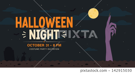 Halloween Poster, Vector Illustration. Halloween Night Invitation with Spooky Halloween Graveyard. Zombie Hand, Moon and Bats. Dark Party Flyer Template for October Event, Costume Celebration Banner Halloween Poster, Vector Illustration. Halloween Night Invitation with Spooky Halloween Graveyard. Zombie Hand, Moon and Bats. Dark Party Flyer Template for October Event, Costume Celebration Banner 142915030