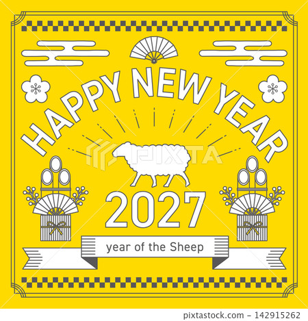 A square line drawing New Year's card for the Year of the Sheep (2027) - yellow A square line drawing New Year's card for the Year of the Sheep (2027) - yellow 142915262