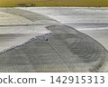 Sprinkler irrigation system watering farm field during dry season. Spraying water on farmland ground for crop growth during period of drought 142915313