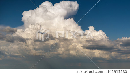 Blue sky with white summer rain clouds. Colorful summer landscape Blue sky with white summer rain clouds. Colorful summer landscape 142915380