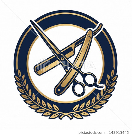 Barber shop emblem with crossing straight razor Barber shop emblem with crossing straight razor 142915445