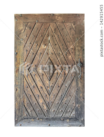 Old wooden rustic door isolated on white background with clipping path 142915455