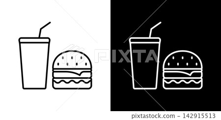 Burger And Drink Line Icon Set. Fast Food Meal, Quick Service Dining, And Takeaway Beverage Outline Symbol Collection. Perfect For Restaurant Menus And Food Delivery Apps. Isolated Vector Illustration Burger And Drink Line Icon Set. Fast Food Meal, Quick Service Dining, And Takeaway Beverage Outline Symbol Collection. Perfect For Restaurant Menus And Food Delivery Apps. Isolated Vector Illustration 142915513