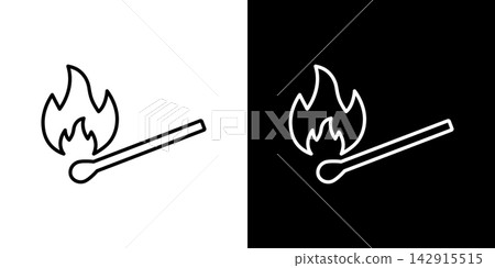 Burning Matchstick Line Icon Set. Fire Ignition, Safety, And Flammable Material Outline Symbol Collection. Dual Background Contrast. Editable Stroke. Isolated Vector Illustration 142915515