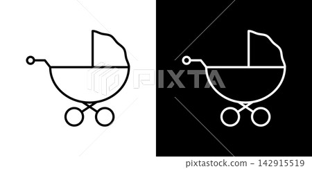 Baby Stroller Line Icon Set. Infant Transportation, Parenting, And Childcare Outline Symbol Collection. Dual Color Scheme For Versatile Use. Editable Stroke. Isolated Vector Illustration 142915519