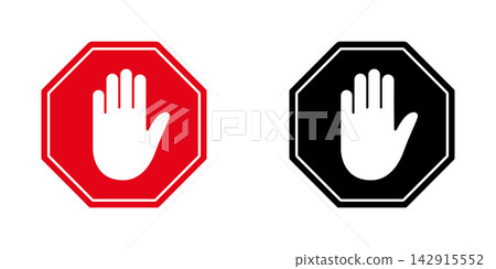 Stop Hand Gesture Octagon Solid Icon Set. Warning, Caution, And Prohibition Silhouette Symbol Collection. Traffic And Safety Signage. Isolated Vector Illustration Stop Hand Gesture Octagon Solid Icon Set. Warning, Caution, And Prohibition Silhouette Symbol Collection. Traffic And Safety Signage. Isolated Vector Illustration 142915552