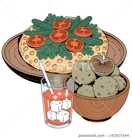 This digital illustration features a stylized meal with a topped flatbread, a bowl of textured morsels, and an iced beverage This digital illustration features a stylized meal with a topped flatbread, a bowl of textured morsels, and an iced beverage 142915564