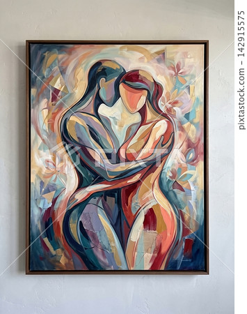 Abstract painting of a couple embracing on a white wall Abstract painting of a couple embracing on a white wall 142915575